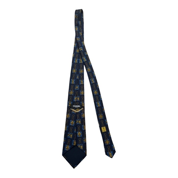 CHANEL Men's Neck Tie Blue Chain Print Silk Italy - Picture 5 of 7